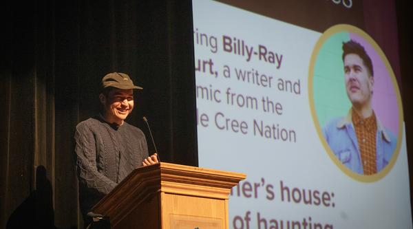 Billy-Ray Belcourt speaks at the VIU podium
