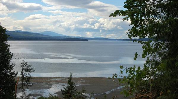 A view of Baynes Sound on a sunny day with some clouds in the sky