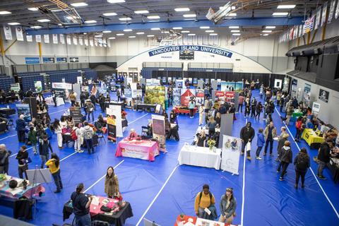 The VIU gym packed with employer booths and job seekers