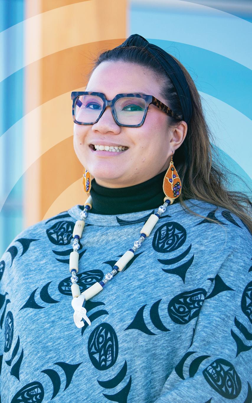 Young woman in modern Indigenous clothing. 